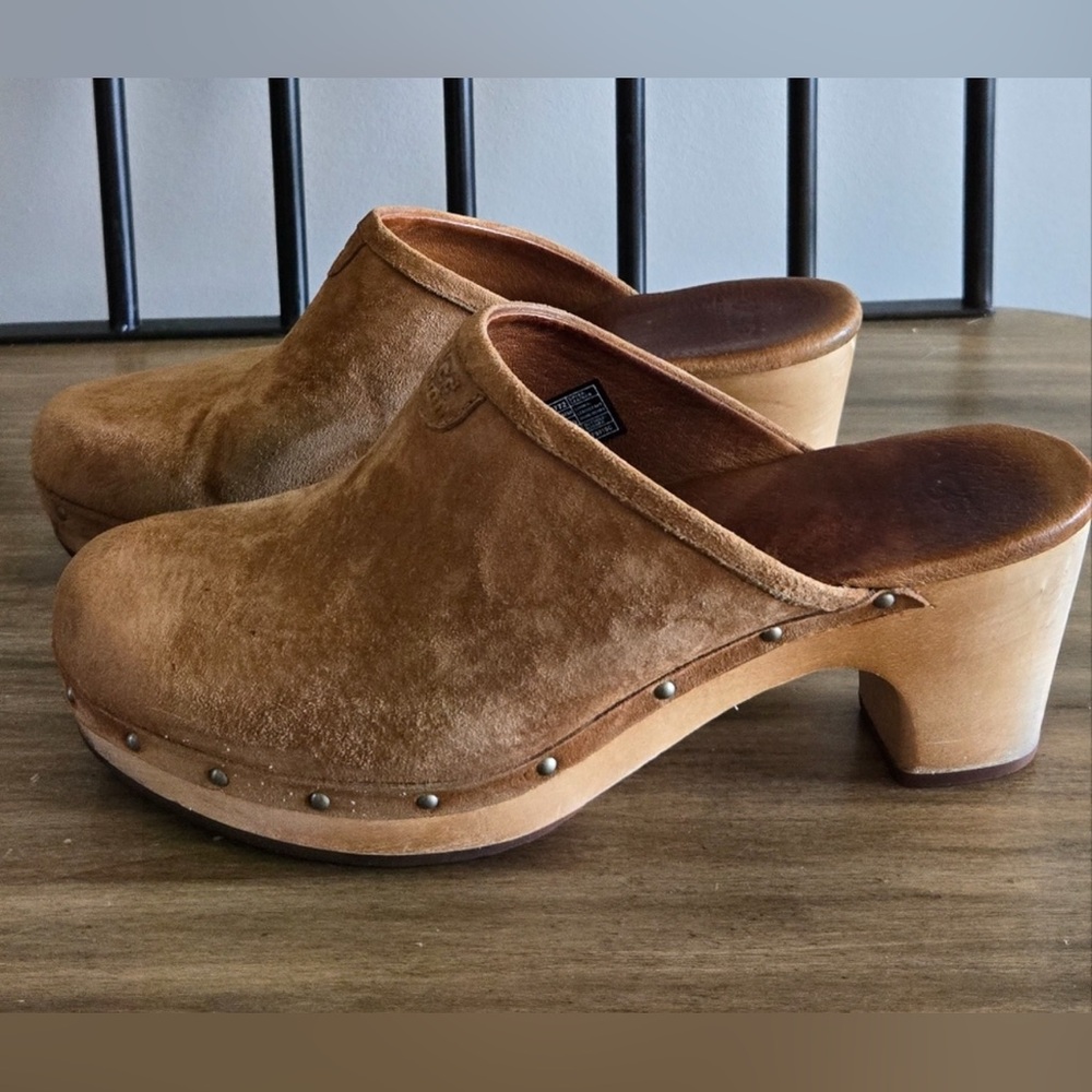 UGG Tan Suede Clogs with Wooden Heel